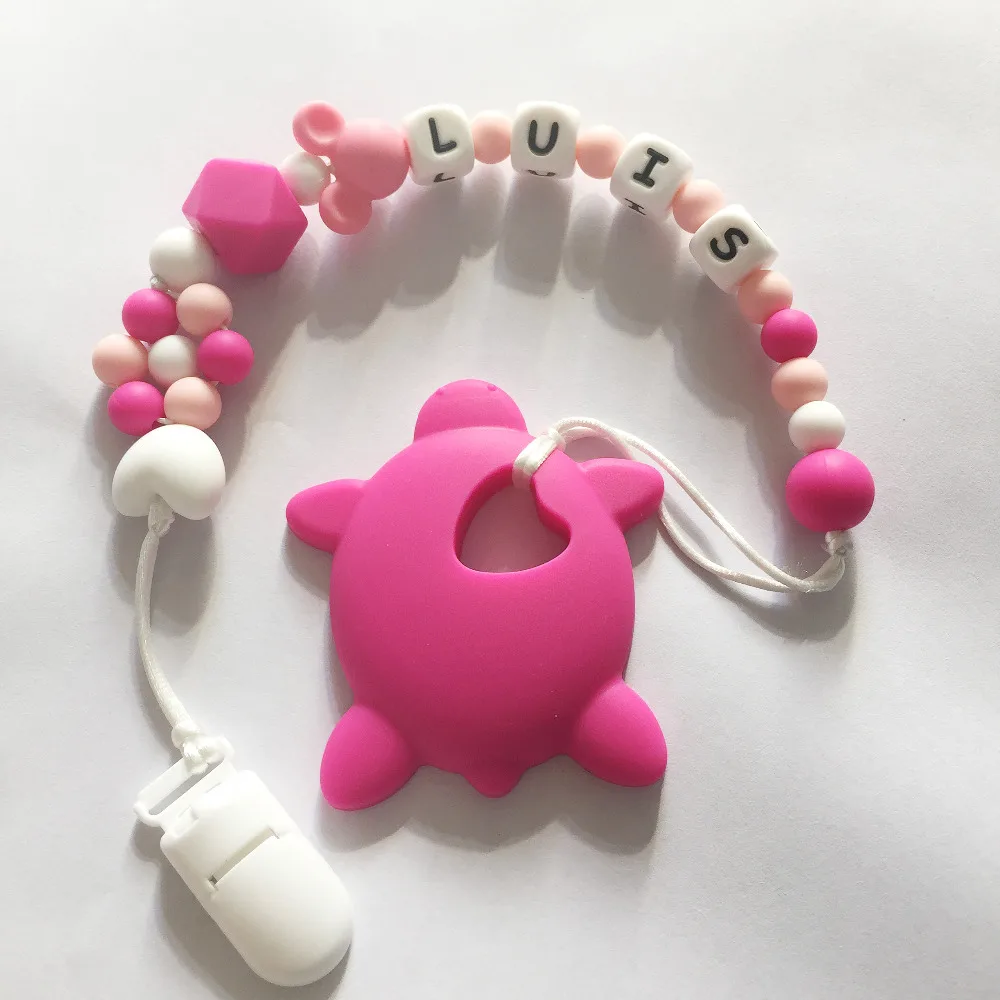 

Personalized Name Silicone Teething Pacifier Clips with Turtle Silicone teether Pacifier Chain holder clips for Baby Chew Toys