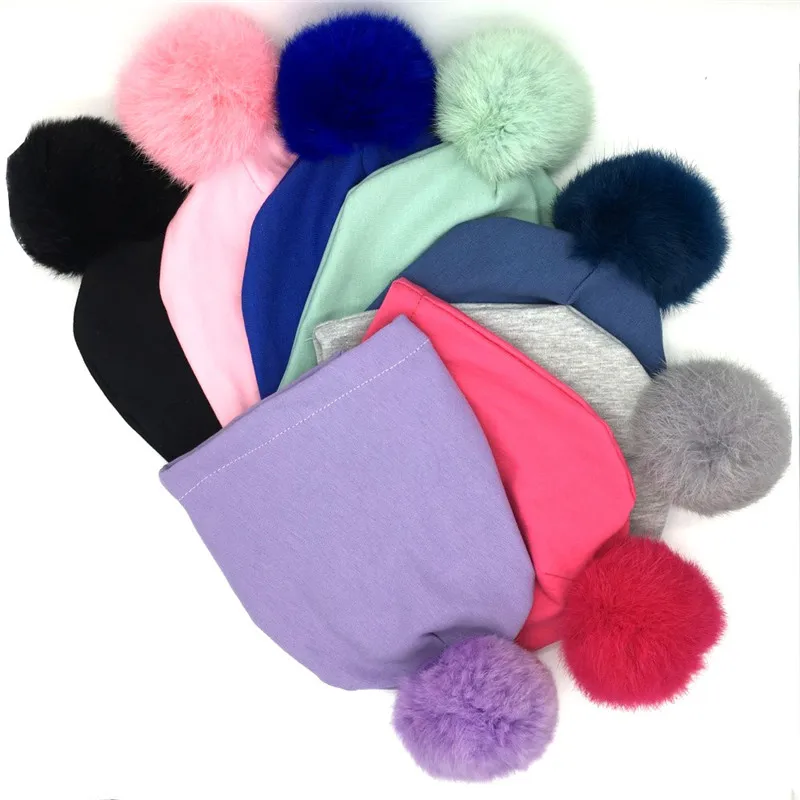 Детские шапки из искусственного лисьего меха, детская шапочка из хлопка, зима-осень, вязаные шапки для девочек и мальчиков с помпонами, шапка для новорожденных, аксессуары для фото