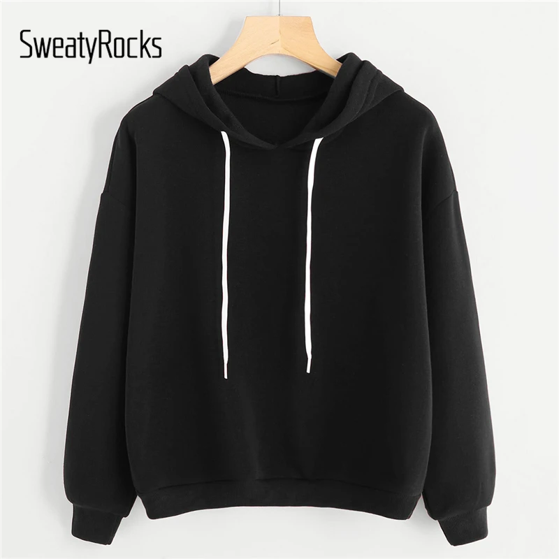 SweatyRocks Черный Повседневный с заниженным плечом на шнурке худи с отделкой с длинным рукавом однотонные топы на завязках осенние женские толстовки