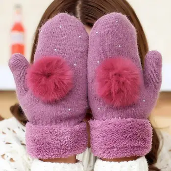 

women's winter acrylic combine with wool knitted gloves lady's winter fur ball double layer knitted mittens R058