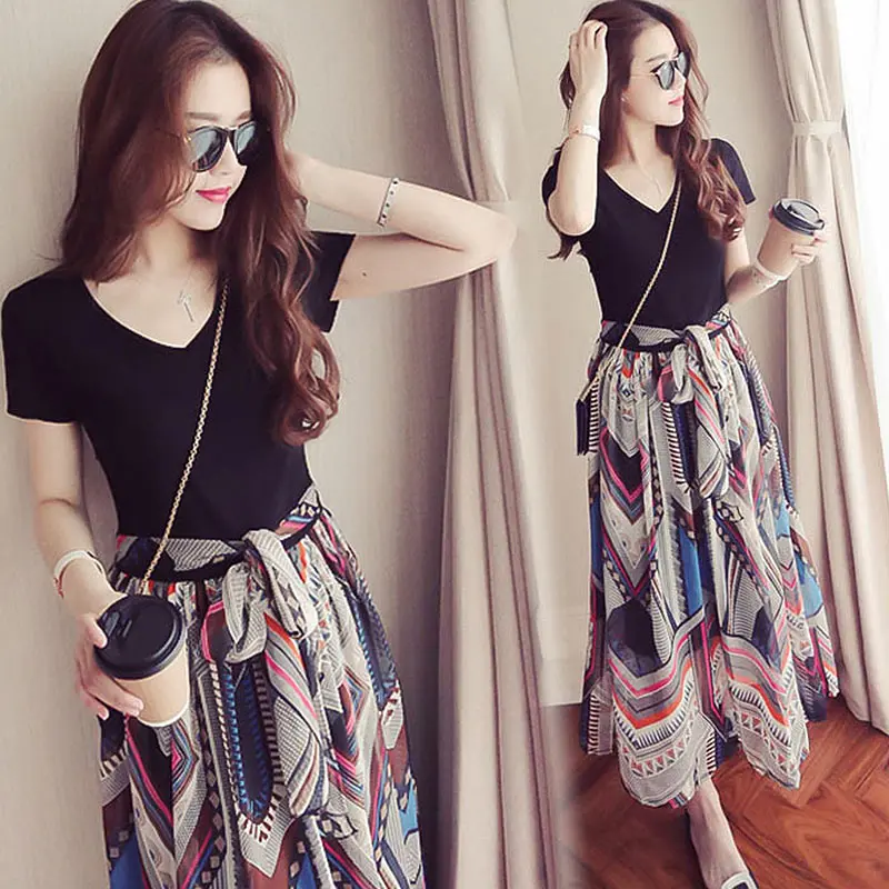 

2019 Summer Fashion Women Sexy Dress Chiffon Splice Pattern Short Sleeve V Collar Long Dresses Plus Size FC55