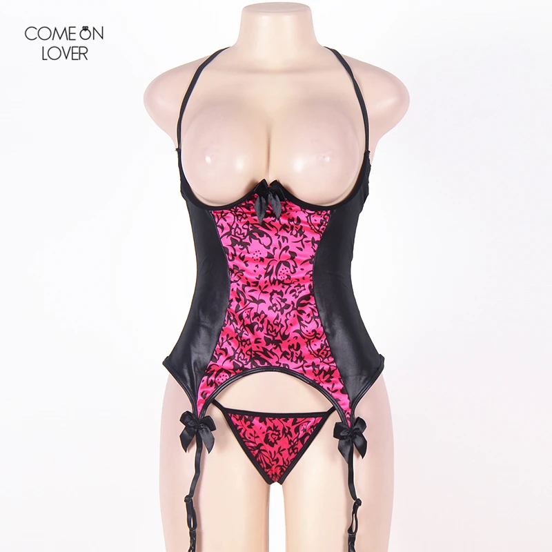 Comeonlover Rosy And Black Leather Halter Open Cup Bustier Plus Size Lingerie Sexy RY70134 2018 Woman Erotic Sexy Lingery
