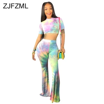 

Colorful Tie Dye Sexy Two Piece Sweat Suits Women Festival Clothing O Neck Short Sleeve Crop Top And Flare Pants 2 Piece Outfit