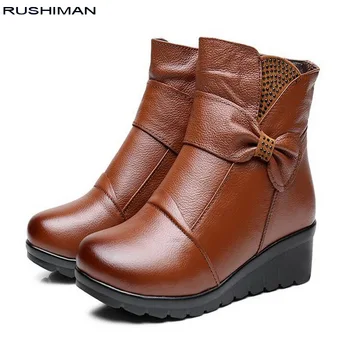 

RUSHIMAN Fashion Winter Shoes women's Genuine Leather Ankle Boots Casual Comfortable Warm Woman Snow Boots flat boots