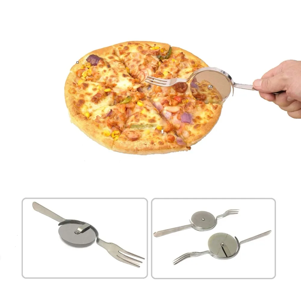 Вилка и нож для пиццы, кухонный нож из нержавеющей стали, нож для пиццы с вилкой, посуда двойного назначения, Портативные Инструменты для пиццы