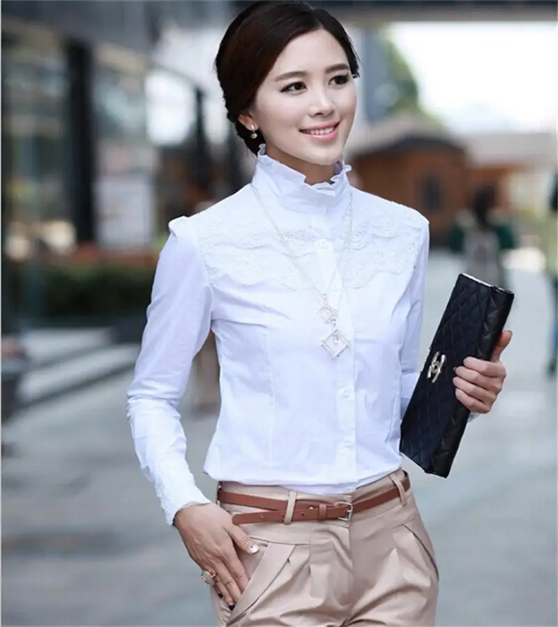 

S-XXL Women Lace Floral crochet Elegant White OL Office blouse Autumn Long sleeve Stand collar Shirt Pure color Tops #W166