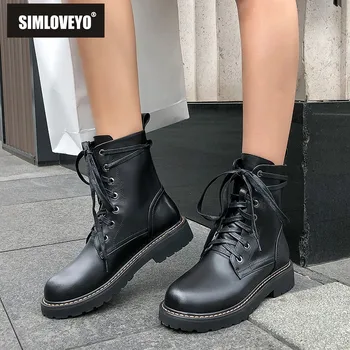 

SIMLOVEYO Genuine leather dR M ankle boots Round toe Lace up Square heel Big size 42 Autumn winter Hiking Outdoor Combat B1434