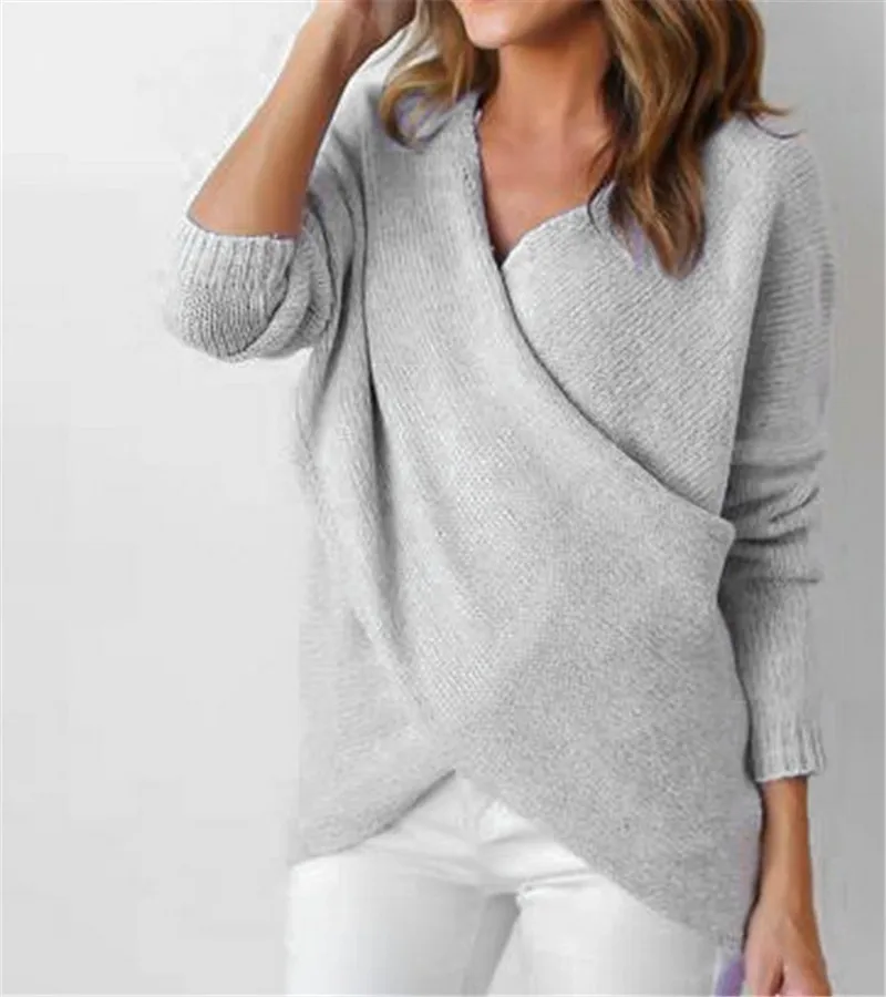 

Women Sweater Knitted full sleeve fashion Pullovers V-neck solia color elasticity Jumper ouc2597