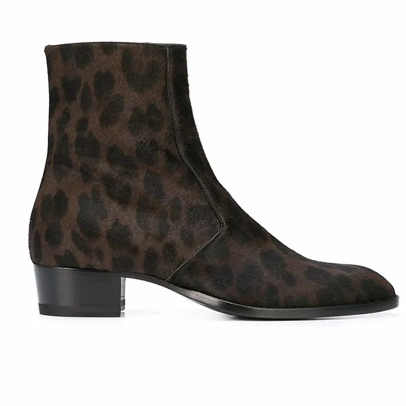 Brown Leopard Print suede wedge zipper boots western style cowhide suede brogue formal business men Boots