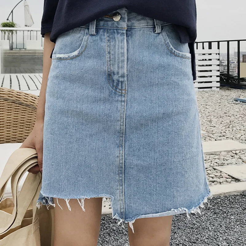 

2019 Korean women irregular denim skirt Women Summer New Bodycon Pocket Button jeans skirt Women High waist Pencil mini skirt