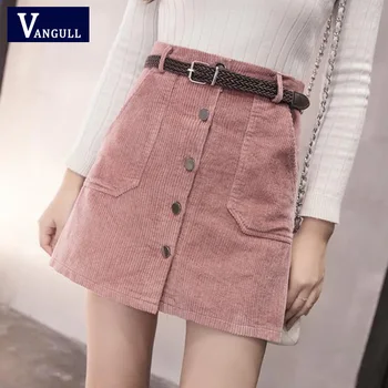 

VANGULL Spring Office Lady School Women's Short Skirt Denim Style Button A-line Corduroy High Waist Pocket Mini Skirt with belt