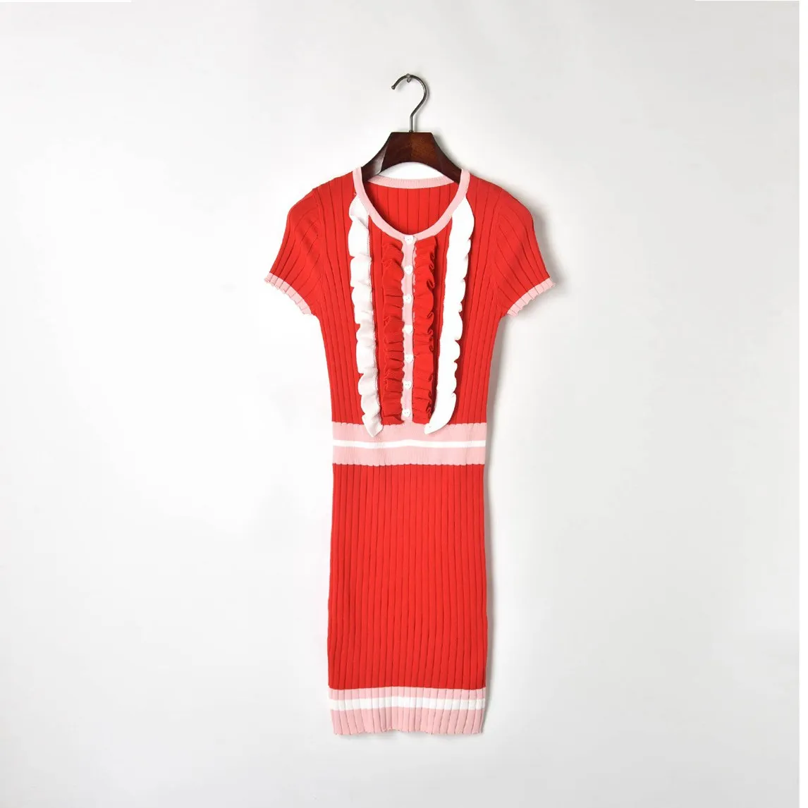 

2019 Elegant Bodycon Bandage Dress Women Short Sleeve Ruffles Patchwork Button Knit Summer Dress Runway Midi Party Dresses