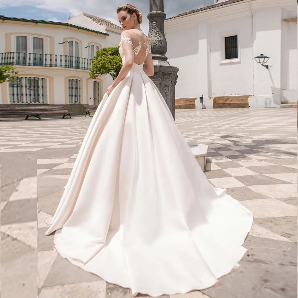 Classic Scoop Short Sleeves Satin Wedding Dresses Customized Appliqued White/Ivory Ball Gown Bridal Dress Vestidos de Novia 2