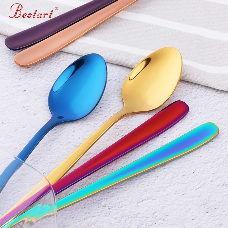 Kopen 8 PCS Rainbow Lange Steel 304 Roestvrij Staal Koffie Lepel Mengen Lepels set fruit Ijs Dessert Thee Lepels Drinken gereedschap