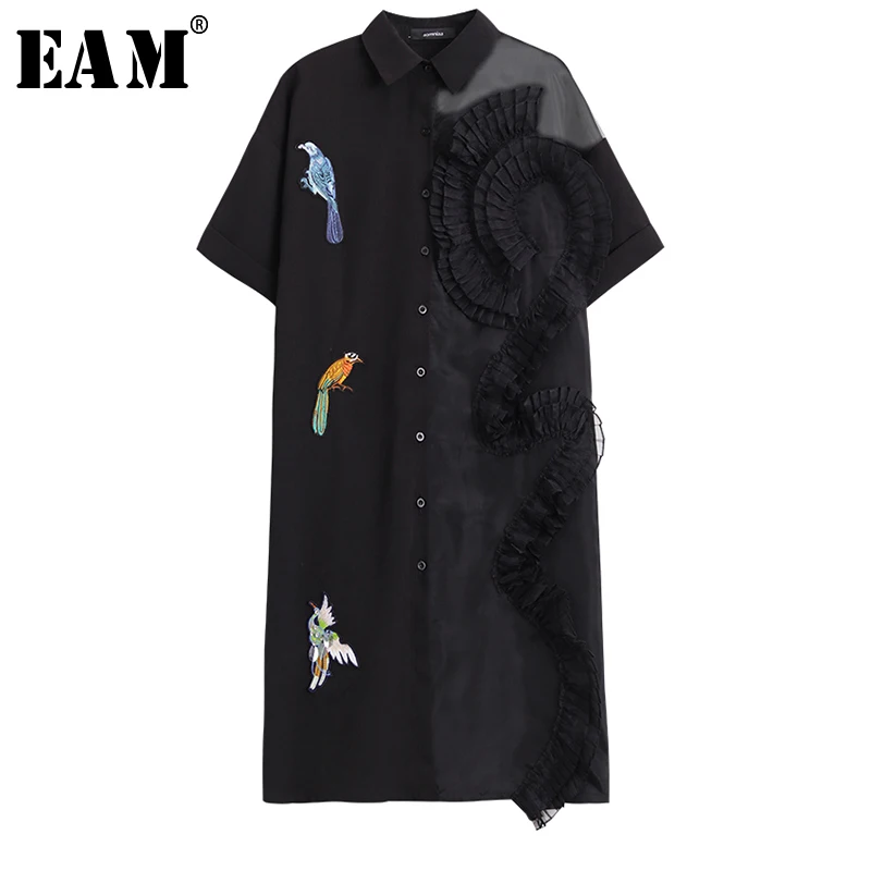 

[EAM] 2019 New Spring Summer Lapel Short Sleeve Perspective Organza Split Joint Embroidery Shirt Dress Women Fashion Tide JO538