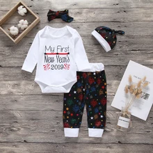 4 pcs Roupas Meu Primeiro Ano Novo Romper Manga Longa Topos + Calça + Chapéu + Headband Bonito Do Bebê Outfits bebê recém-nascido Da Menina do Menino Roupas Definir