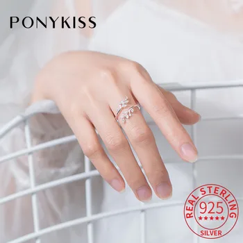 

PONYKISS Trendy 100% 925 Sterling Silver Zircon Branch Adjustable Opening Ring Women Party Delicate Jewelry Birthday Chic Gift
