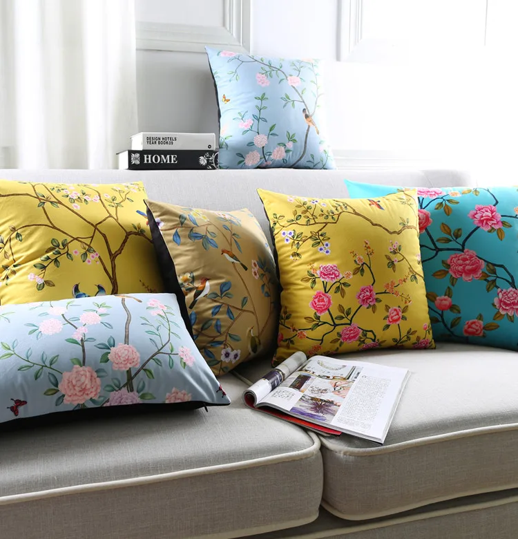 Декоративные Чехлы для подушек с желтыми птицами и цветами, китайская наволочка с цветочными узорами, Синяя бархатная наволочка, Бархатная подушка для дивана
