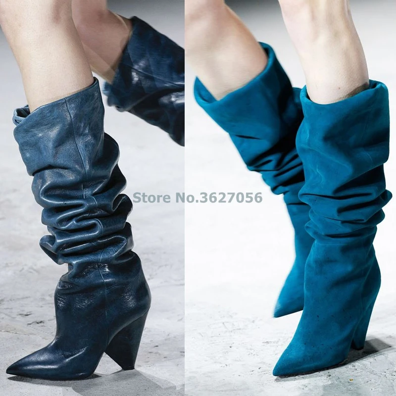 

Bling Bling Crystal Long Boots Blue Brown Suede Pointed Toe Knee High Chunky High Heel Boots Fashion Shining Rhinestone Boots