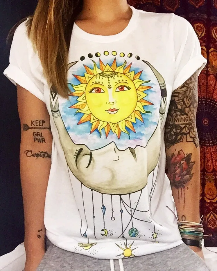 

2018 Short Sleeved Women Tshirt Sun pattern Summer Top Plus Size Casual Tee Harajuku Vintage T shirt Women
