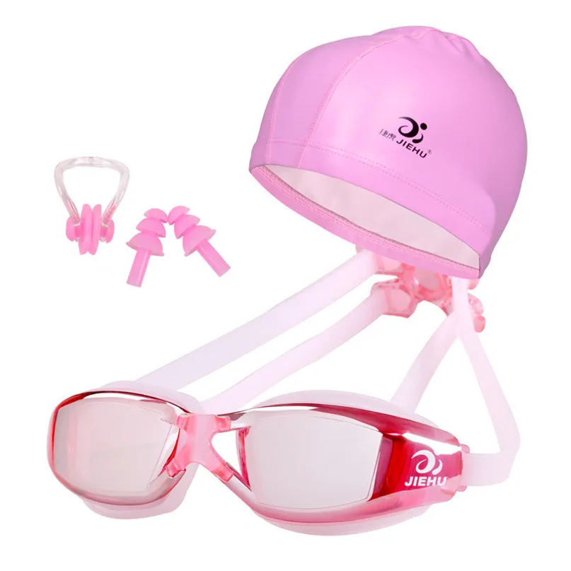 New Professional Swimming Goggles Anti-Fog UV Adjustable Plating Men Women Waterproof Silicone glasses with Swimming cap #3J10#F (2)