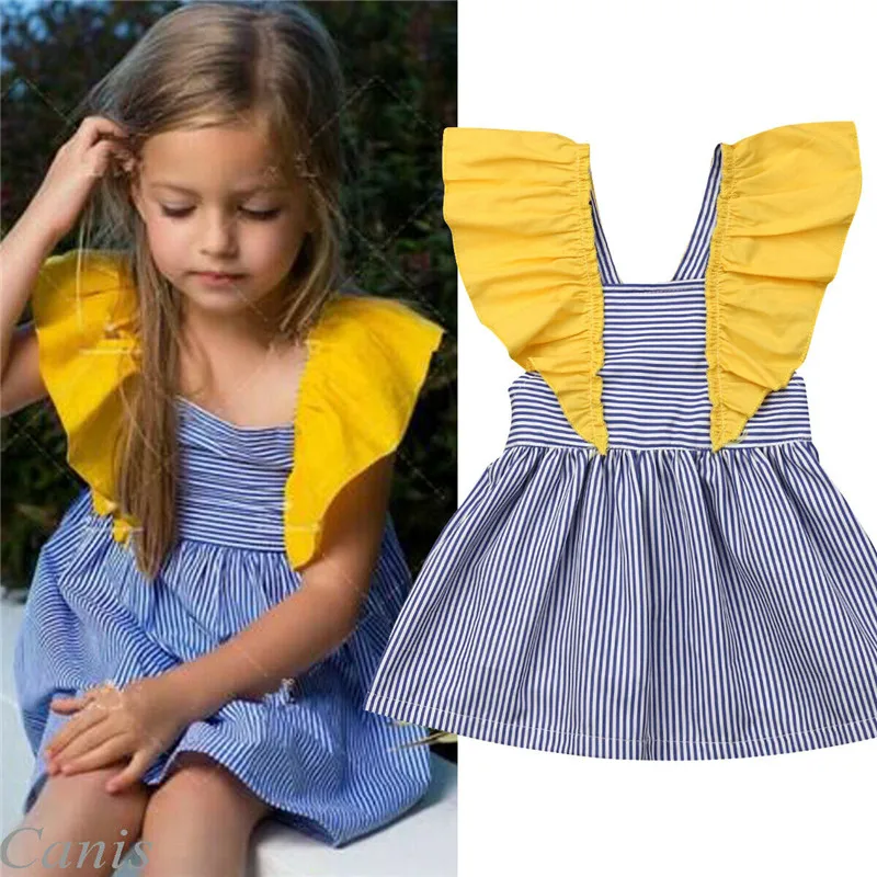 

6M-4Y Brief Summer Kids Baby Girls Backless Striped Dress Flying Sleeve High Waist Princess Dress Baby Girl Tutu Cotton Sundress