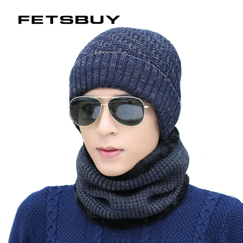 FETSBUY зимние шапочки для мужчин шарф вязанные шапки кепки маска Warm капот Теплые Мешковатые зимние шапки для мужчин женщин Skullies шапочки шапки