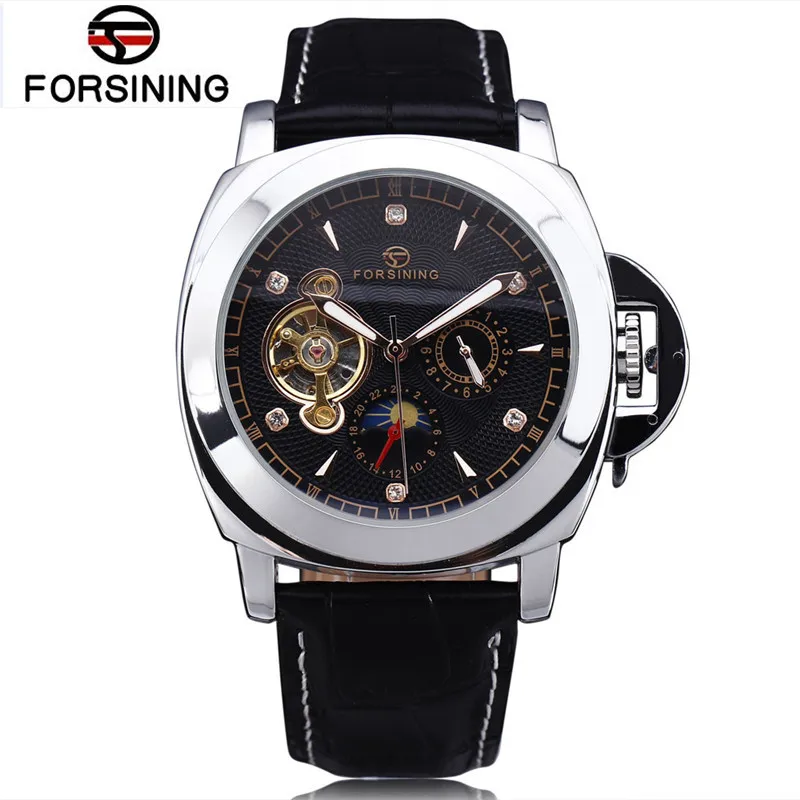 2017 New Forsining Men's Square Day Moonphase Auto Mechanical PU