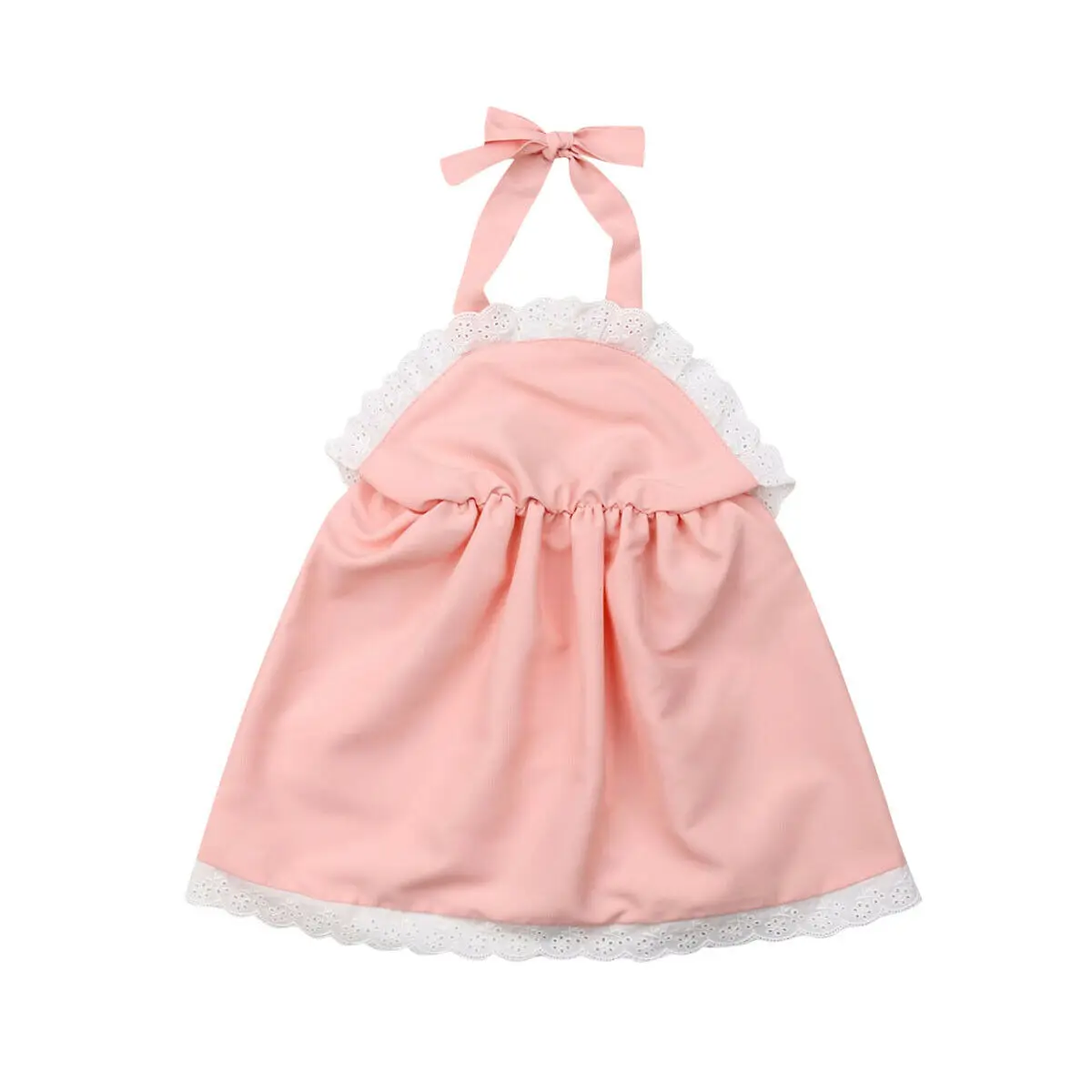 

Toddler Pink Lace Edge Halter Dress Baby Children's Girls Back Strappy Single-breasted Button Dresses