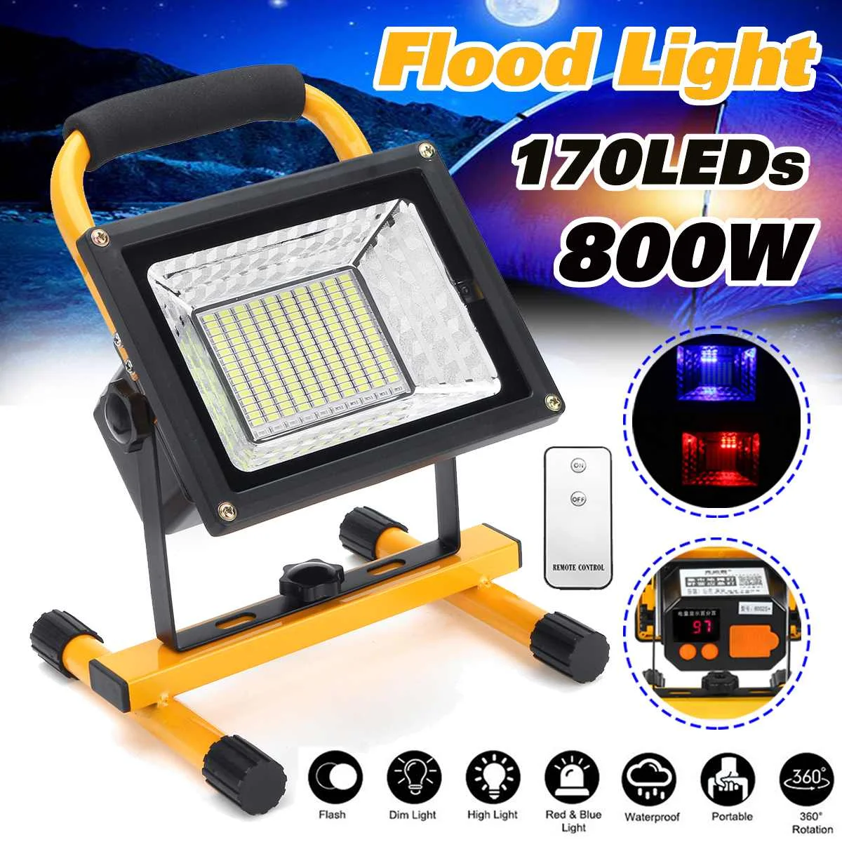  800W 170 LED Rechargeable Floodlight Waterproof Spot Work Camping Outdoor Handheld Work Lights Powe