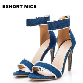 

2019 Women Pumps Sexy Thin High Heels Lace up Women Super High Heels Elegant Ladies Shoes Women Peep Toe Denim 41 Size N16