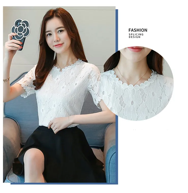 2018 New Summer Blouses Shirts Women Fashion Hollow Lace Tops Women Blouse O-neck Short Sleeve Female Shirts Blusas Mujer (2)