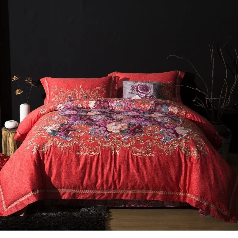 luxury 80S Cotton Satin Jacquard Embroidery Bedding Set Duvet Cover Bed Linen Bed sheet