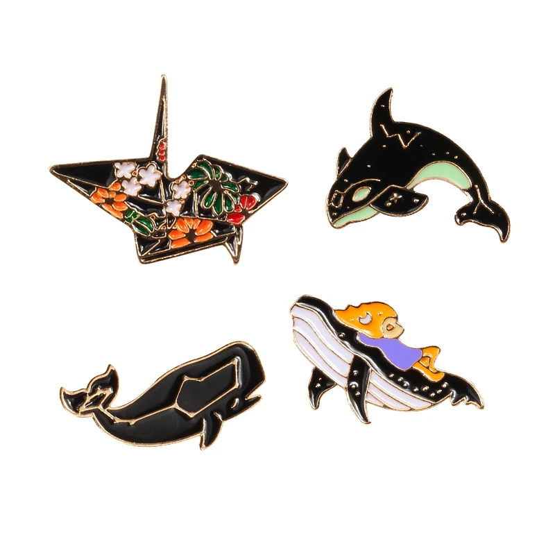 

4 Style Cartoon Sea Dolphin Whale Fish Origami Animal Brooch Creative Enamel Pin Women Dress Lapel Pin Badges Kids Jewelry Gifts