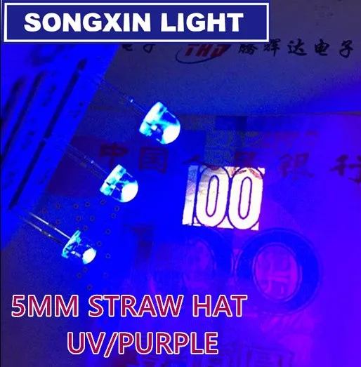 

200pcs 5mm Light UV Purple Straw Hat Wide Angle Ultraviolet 395nm - 400nm Transparent 5 mm Light-Emitting Diode LED Lamp