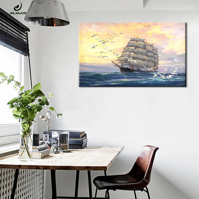 JHLJIAJUN Galleon And Seagull картина маслом на холсте скандинавский HD Настенная и постер для