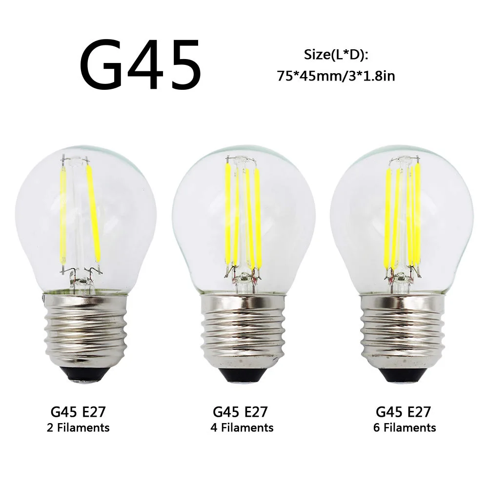 Ретро G45 светодиодный типа «Свеча»), 2 Вт, 4 Вт, 6 Вт, регулируемая яркость, светильник лампочка E27 E14 COB 220V Стекло оболочки лампа в винтажном стиле