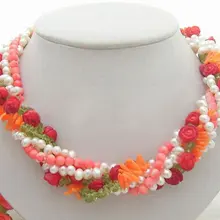 Красивые 5strds жемчуг и Коралл и ожерелье из перидота