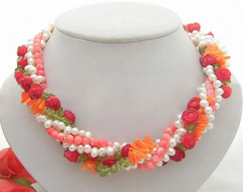 

Beautiful 5Strds Pearl&Coral&Peridot Necklace