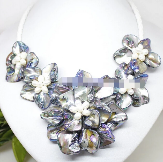 

huij 004906 natural pearl white leather handmade black shell 5flower pendant necklace 18