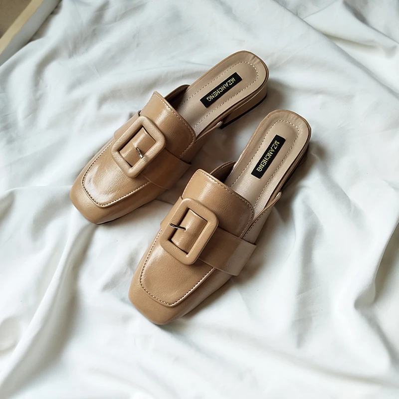 Ceny EOEODOIT plac Toe kapcie kobiety wiosna jesień skórzane pompy slajdy buty niskie masywne obcasy Slip On ciągnie
