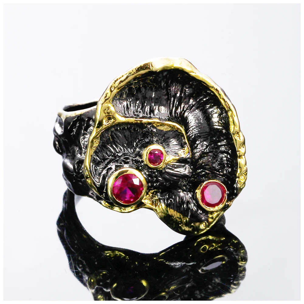 DreamCarnival 1989 Designer Lotus Black Gold Color Fuchsia Red CZ Crystals Engagement Jewelry Anillos Vintage Flower Ring R01