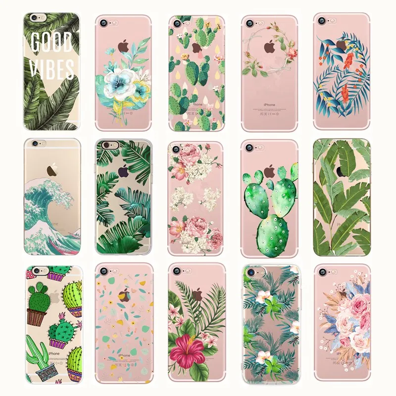 

Cartoon Plants Leaves For iPhone8 Case Ultrathin Soft TPU Back Cover For iPhone 7 6S X Plus 5 5S SE Floral Phone Case