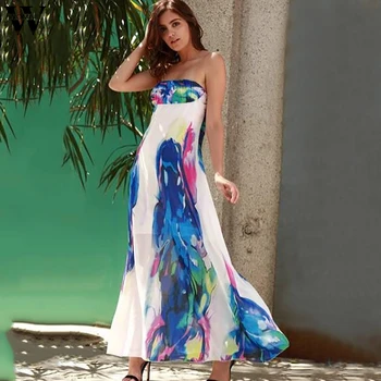 

Womail dress Summer Vintage Chiffon Print Sleeveless O-Neck party Beach Holiday Elegant Maxi Dress Popular NEW 2019 M57
