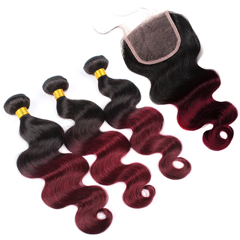 

Ombre 3 Hair Bundles With Closure Brazilian Body Wave 1B/99J Burgundy Color Human Hair Bundles With Closure Remy Hair Venve