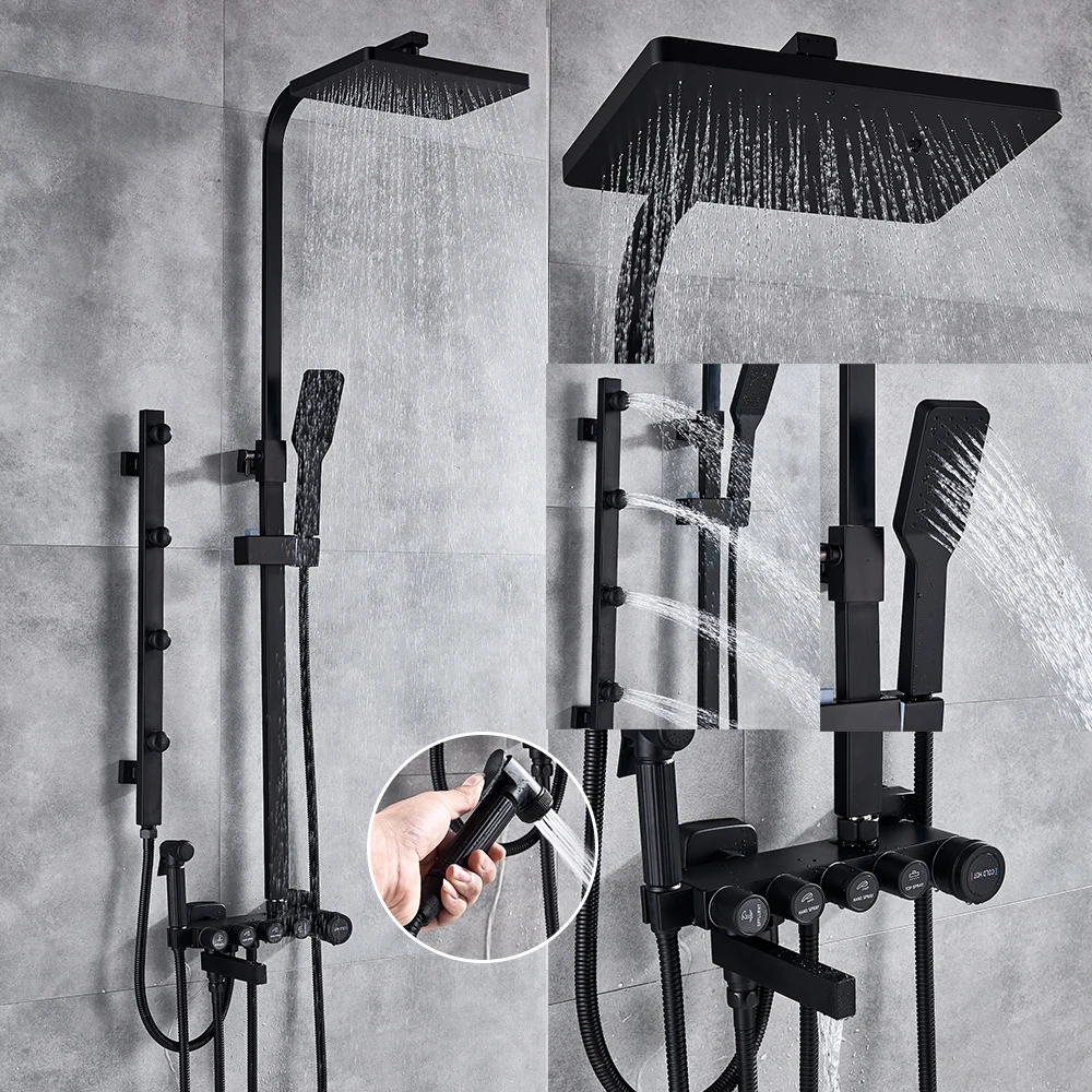 

Luxury Matt Black Shower Faucet Set 5-Function Switch Wall Mount Rain Shower Head With Hand Shower Bathtub Spout Bidet Tap