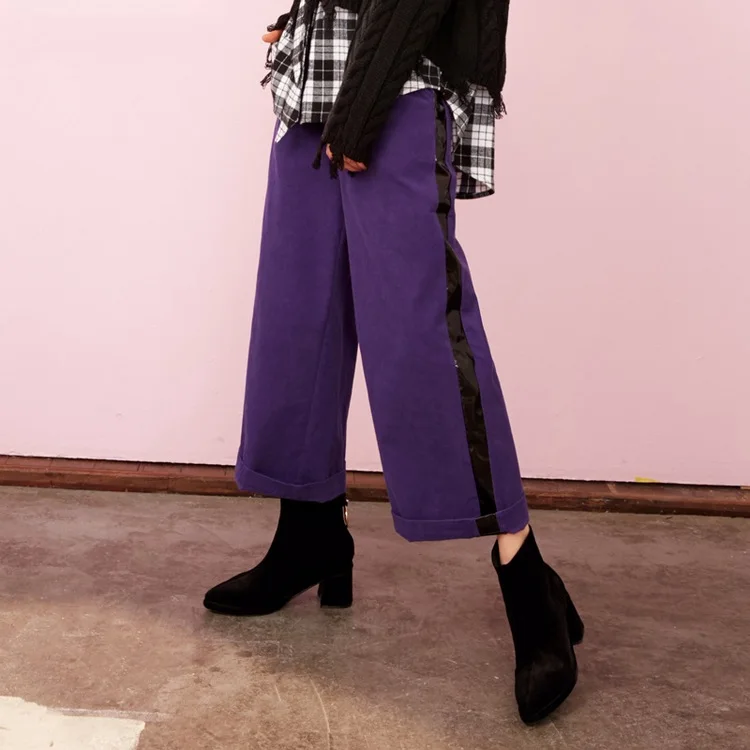 ELFSACK осень новые женские штаны хлопковые винтажные Длинные свободные с эластичной талией Фиолетовые женские штаны однотонные прямые женские штаны - Цвет: Фиолетовый