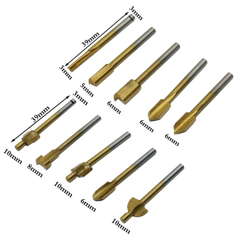 

10pc 1/8" 3mm Woodwork Hss Router Bit File Titanium Coated Wood Cutter Milling Groove Trimming Fit Foredom Rotary Tool Set +Case