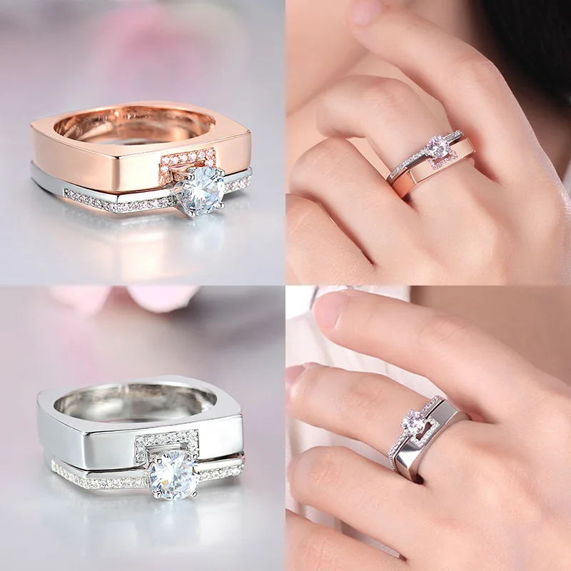 

Luxury Female Silver & rose gold white Zircon Ring Set Crystal Bridal Ring Wedding Jewelry Promise Engagement Rings For Women