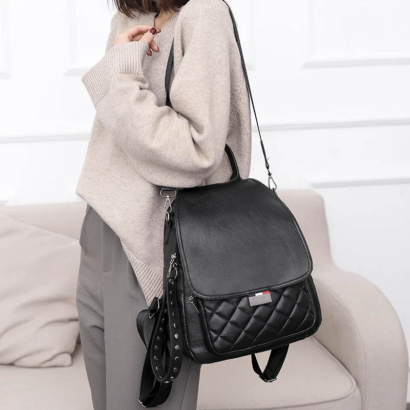 Модный женский рюкзак из искусственной кожи в форме бриллианта, однотонная Повседневная сумка для девочек, изысканный длинный плечевой ремень с заклепками